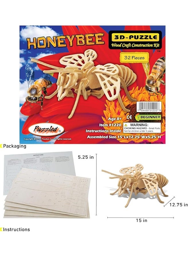 Puzzled 3D Puzzle Honeybee Wood Craft Construction Model Kit, Unique & Educational DIY Wooden Insect Toy Assemble Bee Model Unfinished Crafting Hobby Puzzle to Build & Paint for Decoration 32pcs Pack