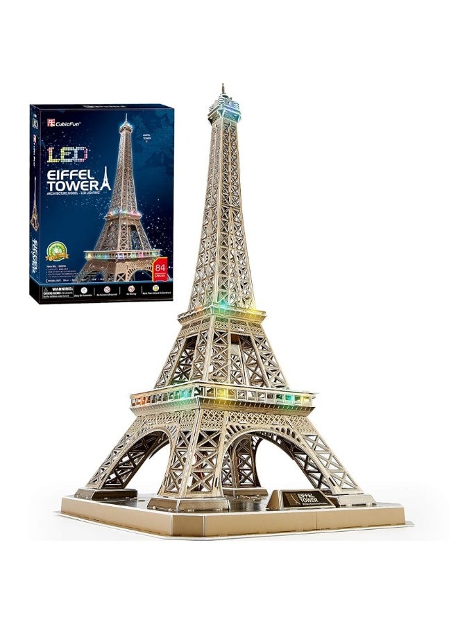 CubicFun 3D Puzzle for Adults Eiffel Tower with Shining LED Lights, Romantic Paris Architecture Model Building Kits Decor, Gift for Women Men, 84 Pieces