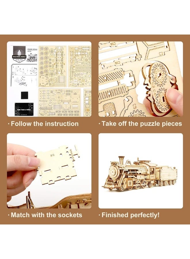 ROBOTIME 3D Puzzles for Adults-Wooden Model Car Kits Train Puzzle Sets for Adults/Teens to Build-Unique Birthday 1:80 Scale Model Prime Steam Express