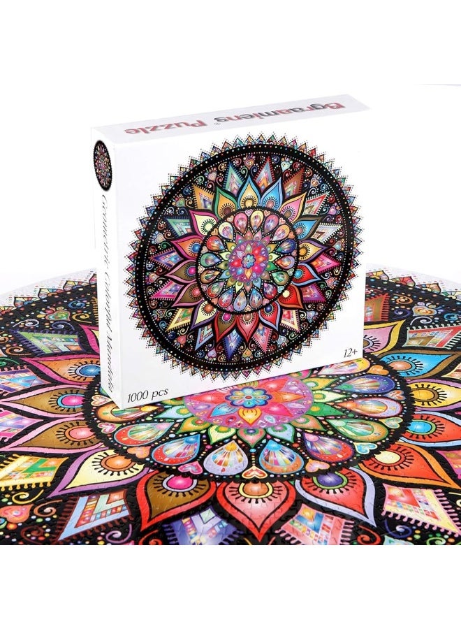 Bgraamiens Puzzle-Geometric Colorful Mandala-1000 Pieces Creative Geometric Round Blue Board Colorful Mandala Jigsaw Puzzle