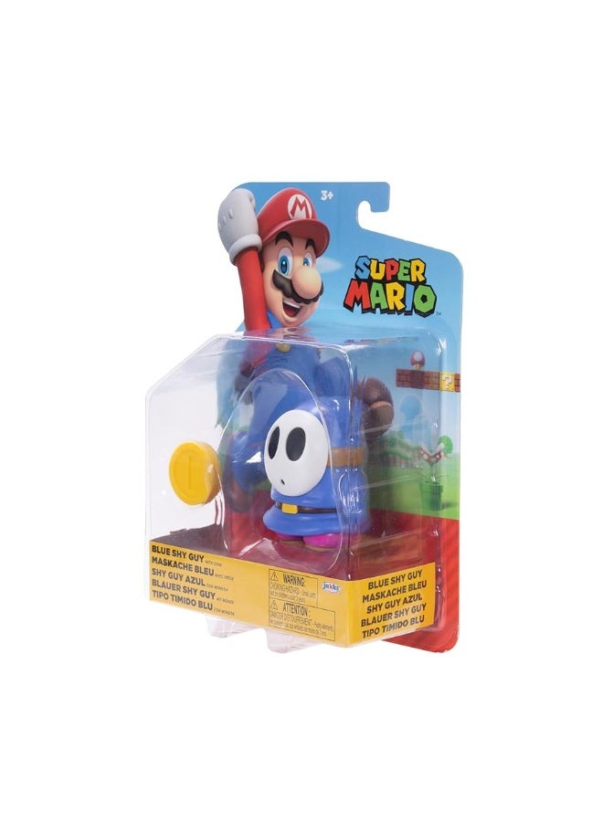 Nintendo Super Mario 4-Inch Blue Shy Guy Poseable Figure with Coin Accessory. Ages 3+ (Officially licensed)