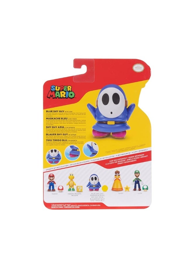 Nintendo Super Mario 4-Inch Blue Shy Guy Poseable Figure with Coin Accessory. Ages 3+ (Officially licensed)