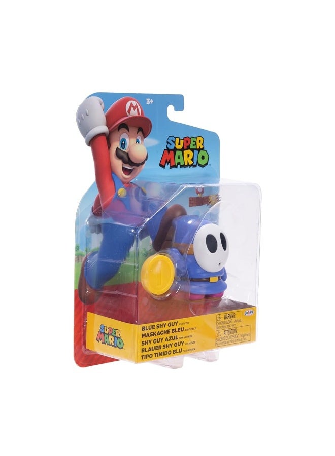 Nintendo Super Mario 4-Inch Blue Shy Guy Poseable Figure with Coin Accessory. Ages 3+ (Officially licensed)