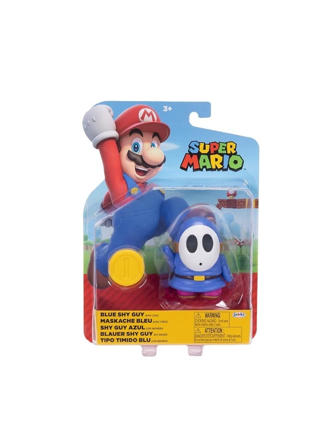 Nintendo Super Mario 4-Inch Blue Shy Guy Poseable Figure with Coin Accessory. Ages 3+ (Officially licensed)