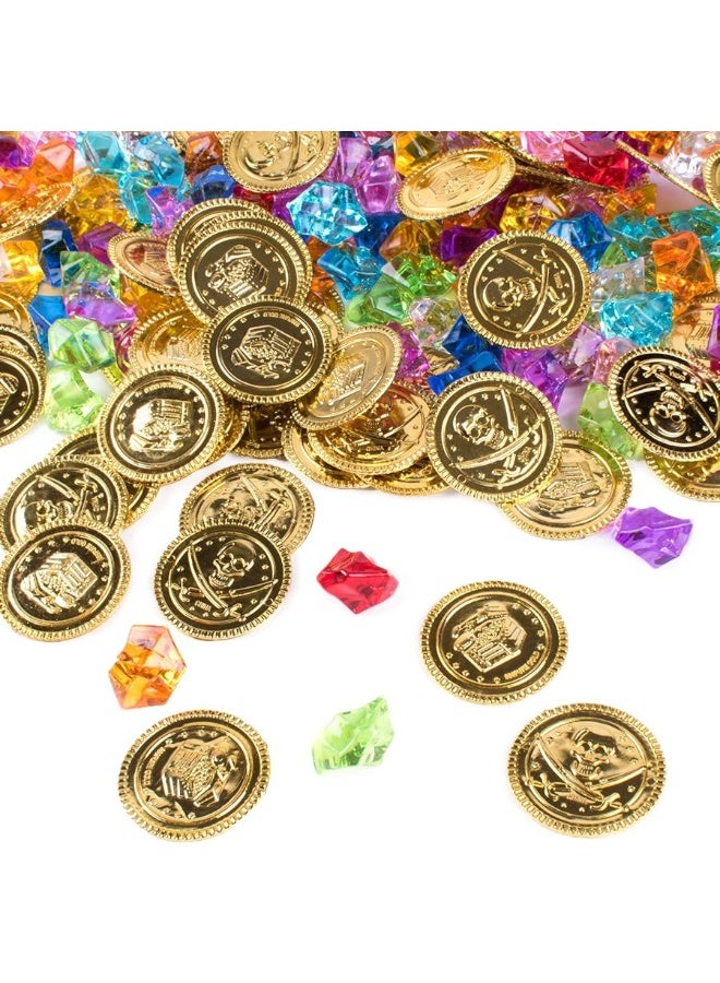 Super Z Outlet Pirate Plastic Gold Colored Coins Buried Treasure and Pirate Gems Jewelry Playset Activity Game Piece Pack Party Favor Decorations (120 Coins + 120 Gems)