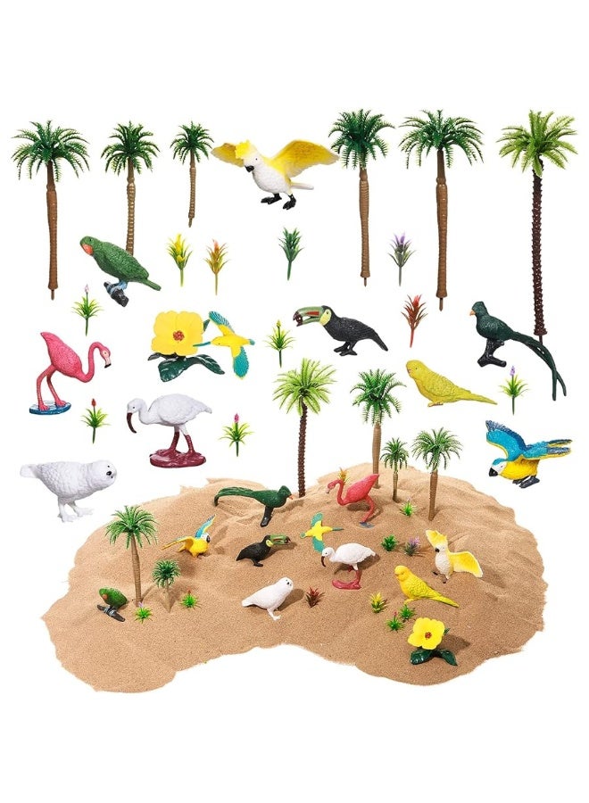 Sratte 26 Pcs Tropical Birds Figurines Toys Plastic Bird Figures Model Trees Kit with Hawaii Bird Cake Toppers Diorama Project Playset Kit for Kids Toddlers Educational Learning Birthday Gift