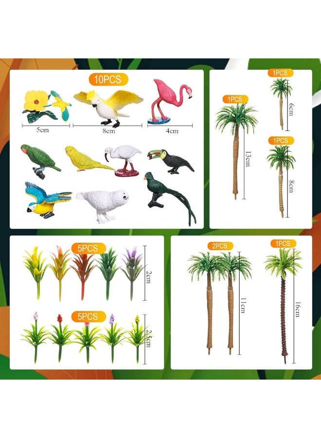 Sratte 26 Pcs Tropical Birds Figurines Toys Plastic Bird Figures Model Trees Kit with Hawaii Bird Cake Toppers Diorama Project Playset Kit for Kids Toddlers Educational Learning Birthday Gift