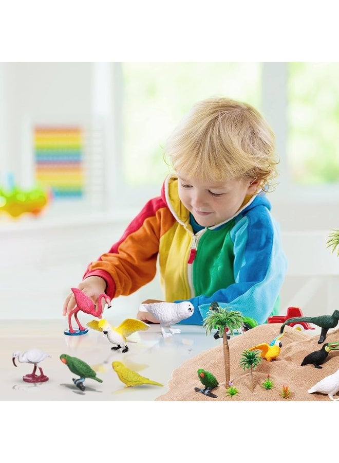 Sratte 26 Pcs Tropical Birds Figurines Toys Plastic Bird Figures Model Trees Kit with Hawaii Bird Cake Toppers Diorama Project Playset Kit for Kids Toddlers Educational Learning Birthday Gift