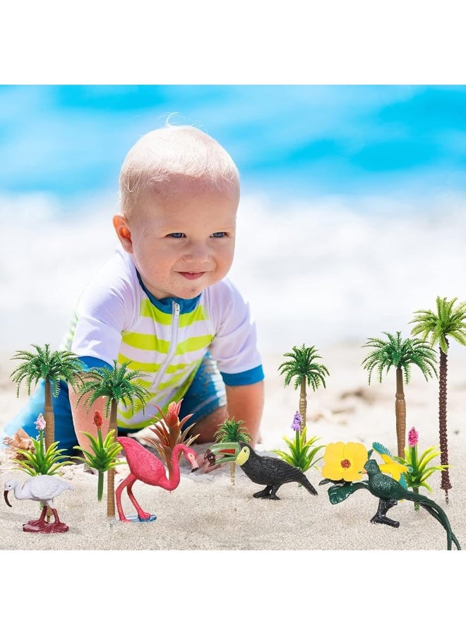 Sratte 26 Pcs Tropical Birds Figurines Toys Plastic Bird Figures Model Trees Kit with Hawaii Bird Cake Toppers Diorama Project Playset Kit for Kids Toddlers Educational Learning Birthday Gift