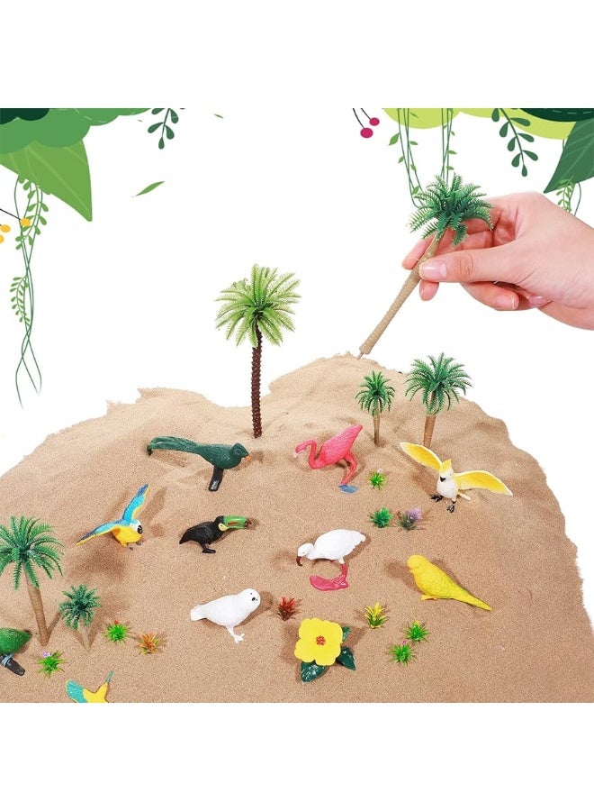 Sratte 26 Pcs Tropical Birds Figurines Toys Plastic Bird Figures Model Trees Kit with Hawaii Bird Cake Toppers Diorama Project Playset Kit for Kids Toddlers Educational Learning Birthday Gift