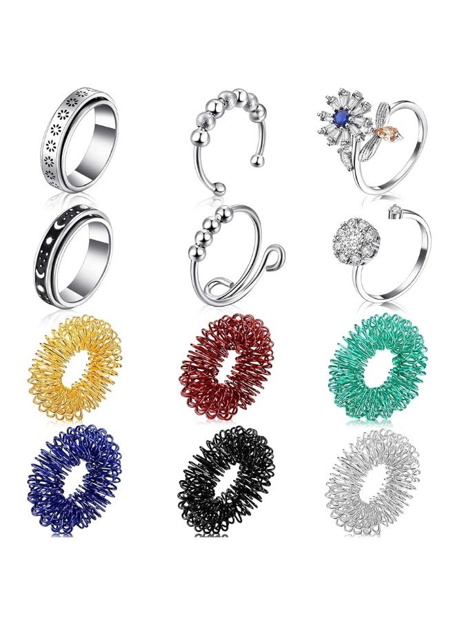 12 Pieces Fidget Anxiety Rings Including 6 Pieces Spiky Sensory Finger Rings, Spinner Rings, Anxiety Rings, Zircon Ring with Beads for Women Men