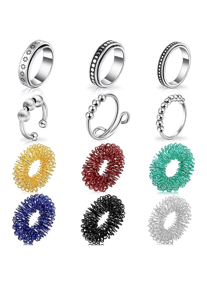 12 Pieces Fidget Anxiety Rings Including 6 Pieces Spiky Sensory Finger Rings, Spinner Rings, Anxiety Rings, Zircon Ring with Beads for Women Men