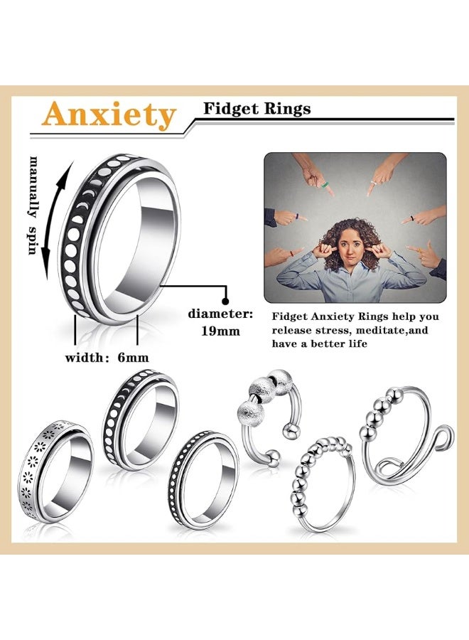 12 Pieces Fidget Anxiety Rings Including 6 Pieces Spiky Sensory Finger Rings, Spinner Rings, Anxiety Rings, Zircon Ring with Beads for Women Men