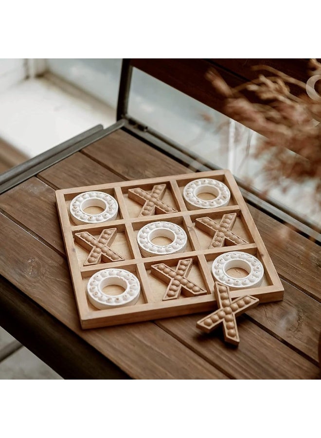NIKKY HOME Tic Tac Toe Game Coffee Table Decor, 10.6 Inch Rustic Wooden Board, Wood & White