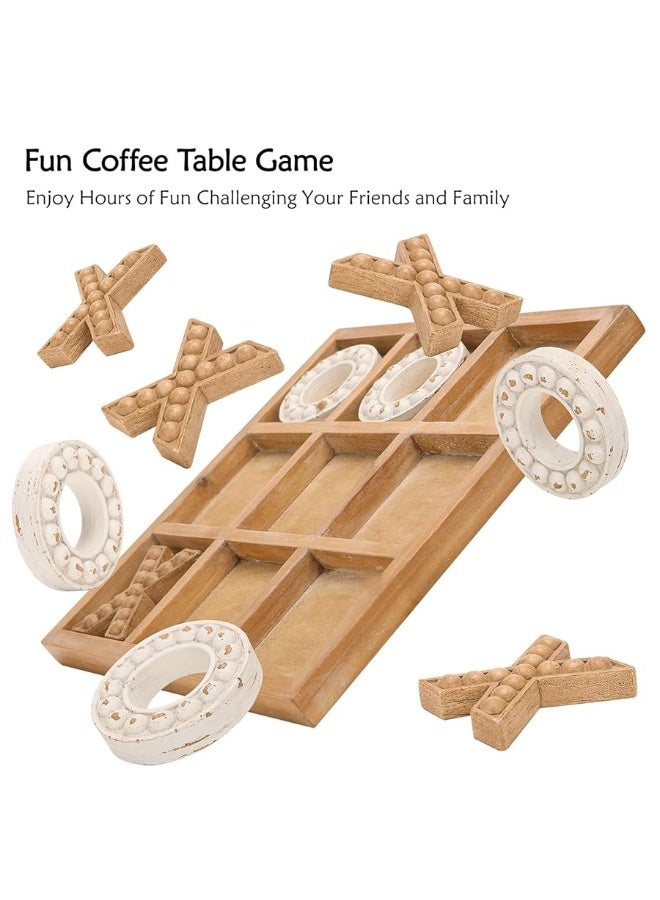 NIKKY HOME Tic Tac Toe Game Coffee Table Decor, 10.6 Inch Rustic Wooden Board, Wood & White