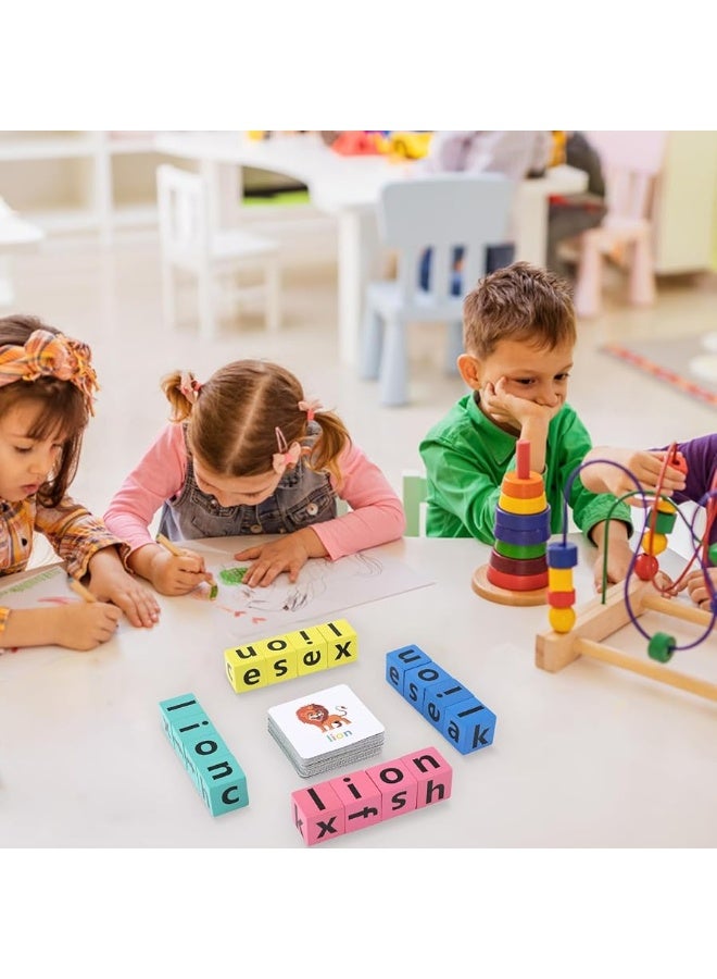 Wooden Blocks Spelling Game Matching Letter Game Alphabet Learning Crossword Puzzle with Reading Wooden Blocks Sight Flash Cards Storage Bag Word Builder Educational Toy for Kids Age 3 4 5
