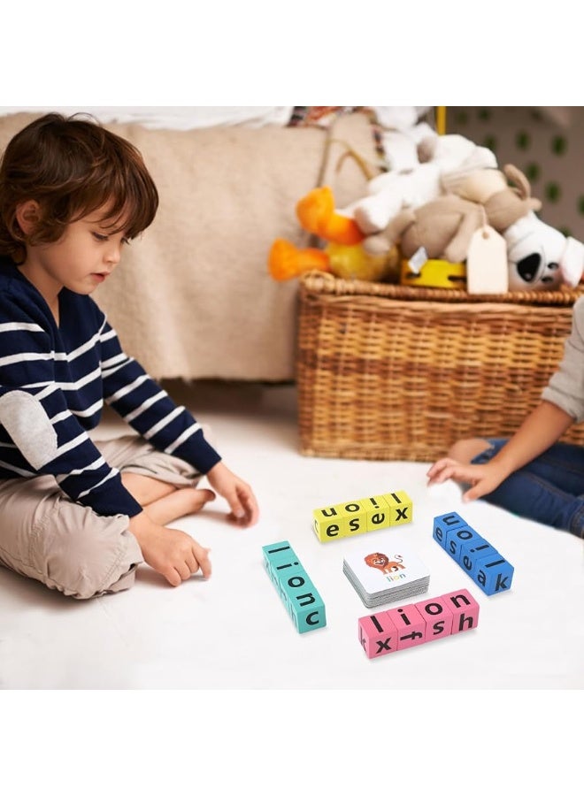 Wooden Blocks Spelling Game Matching Letter Game Alphabet Learning Crossword Puzzle with Reading Wooden Blocks Sight Flash Cards Storage Bag Word Builder Educational Toy for Kids Age 3 4 5