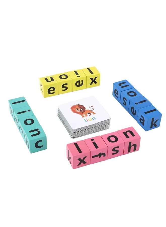 Wooden Blocks Spelling Game Matching Letter Game Alphabet Learning Crossword Puzzle with Reading Wooden Blocks Sight Flash Cards Storage Bag Word Builder Educational Toy for Kids Age 3 4 5