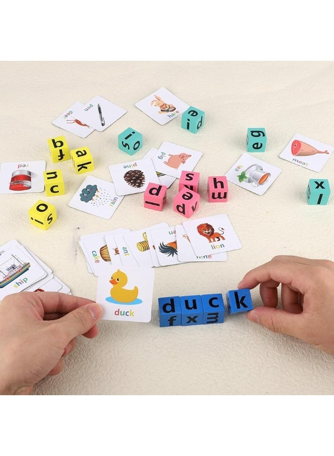 Wooden Blocks Spelling Game Matching Letter Game Alphabet Learning Crossword Puzzle with Reading Wooden Blocks Sight Flash Cards Storage Bag Word Builder Educational Toy for Kids Age 3 4 5