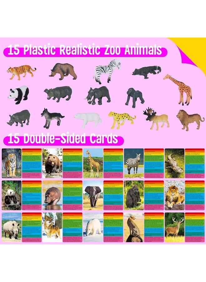 15 PCS Safari Animal Figurines with 15 Introducing Flashcards, Realistic Zoo Animal Figures Montessori Toys Science Educational Matching Game for Homeschool Preschool Toddler Kids