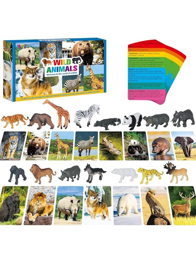 15 PCS Safari Animal Figurines with 15 Introducing Flashcards, Realistic Zoo Animal Figures Montessori Toys Science Educational Matching Game for Homeschool Preschool Toddler Kids