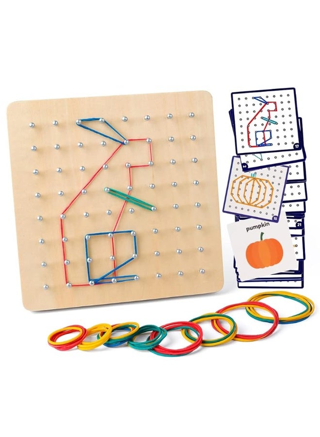 Coogam Wooden Geoboard Mathematical Manipulative Material Array Block Geo Board â€“ Graphical Educational Toys with 30Pcs Pattern Cards and Latex Bands Shape STEM Puzzle Matrix 8x8 Brain Teaser for Kid