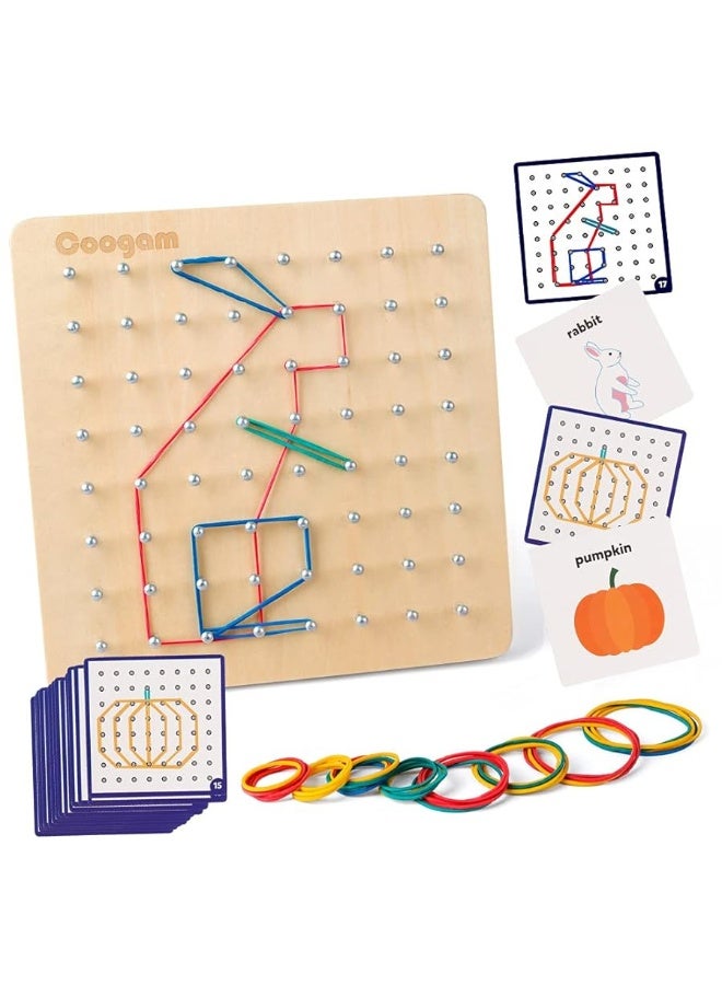 Coogam Wooden Geoboard Mathematical Manipulative Material Array Block Geo Board â€“ Graphical Educational Toys with 30Pcs Pattern Cards and Latex Bands Shape STEM Puzzle Matrix 8x8 Brain Teaser for Kid