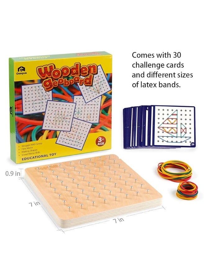 Coogam Wooden Geoboard Mathematical Manipulative Material Array Block Geo Board â€“ Graphical Educational Toys with 30Pcs Pattern Cards and Latex Bands Shape STEM Puzzle Matrix 8x8 Brain Teaser for Kid