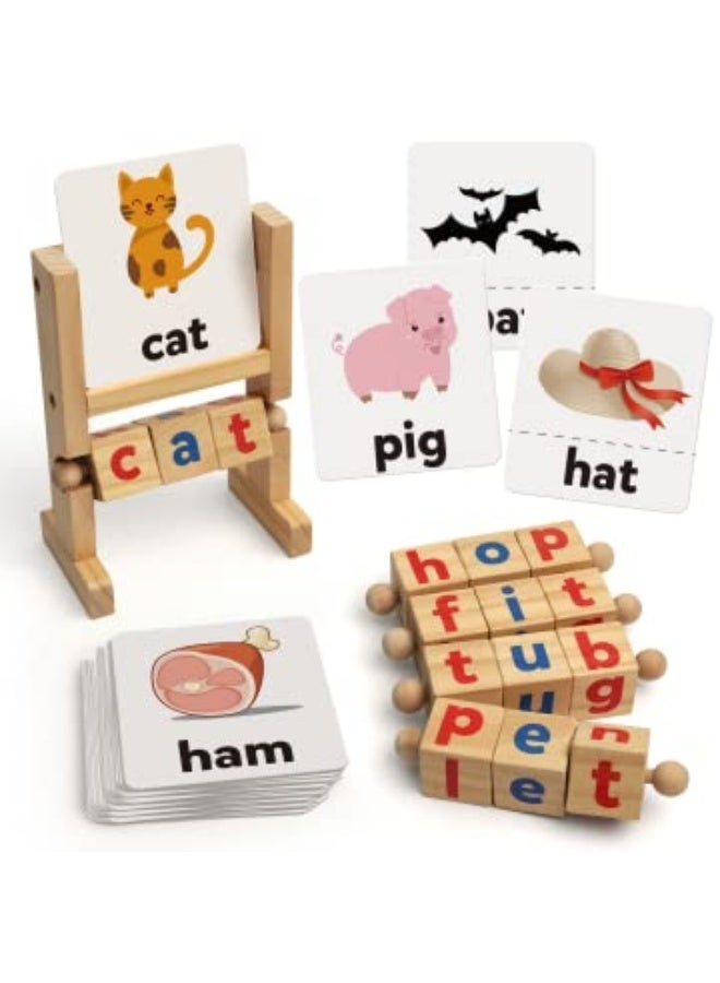 Coogam Wooden Reading Blocks Short Vowel Rods Spelling Games, Flash Cards Turning Rotating Letter Puzzle for Kids, Site Words Montessori Spinning Alphabet Learning Toy for Preschool Boys Girls