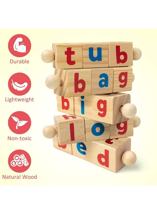 Coogam Wooden Reading Blocks Short Vowel Rods Spelling Games, Flash Cards Turning Rotating Letter Puzzle for Kids, Site Words Montessori Spinning Alphabet Learning Toy for Preschool Boys Girls