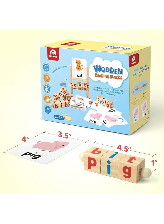 Coogam Wooden Reading Blocks Short Vowel Rods Spelling Games, Flash Cards Turning Rotating Letter Puzzle for Kids, Site Words Montessori Spinning Alphabet Learning Toy for Preschool Boys Girls