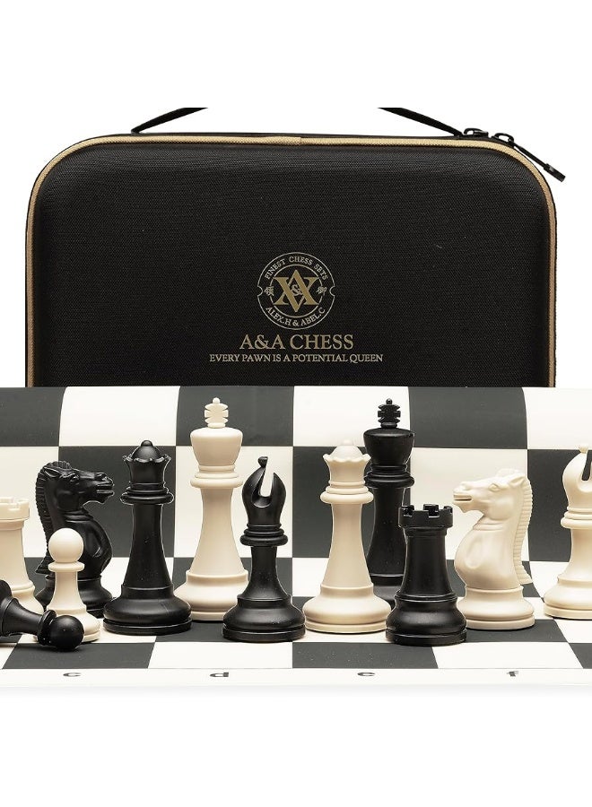 A&A Tournament Chess Set/ 20''x20'' Foldable Silicone Chess Board / 3.75'' King Height Plastic Quadruple Weighted Classic Staunton Pieces/Storage Bag For 6 Years Old - 2 Players