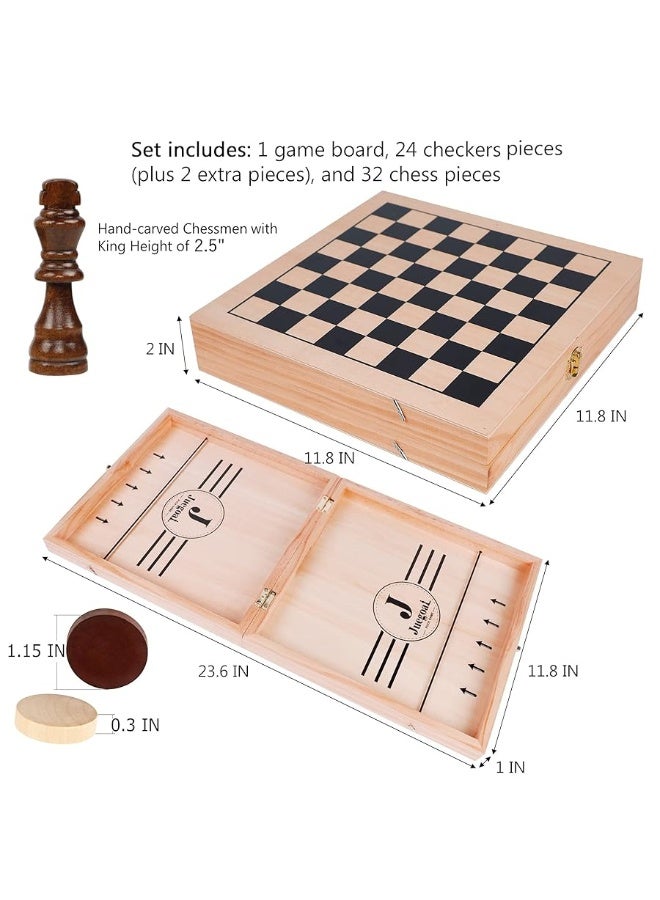 Juegoal 4-in-1 Wooden Fast Sling Puck Set for Kids and Adults, Chess, Checkers, Tic Tac Toe Games, Travel Portable Folding Tabletop Chess Board Game Sets, Interactive Families Toys