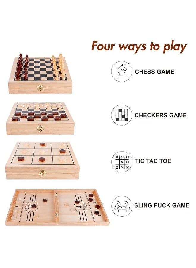 Juegoal 4-in-1 Wooden Fast Sling Puck Set for Kids and Adults, Chess, Checkers, Tic Tac Toe Games, Travel Portable Folding Tabletop Chess Board Game Sets, Interactive Families Toys
