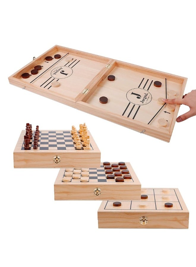 Juegoal 4-in-1 Wooden Fast Sling Puck Set for Kids and Adults, Chess, Checkers, Tic Tac Toe Games, Travel Portable Folding Tabletop Chess Board Game Sets, Interactive Families Toys