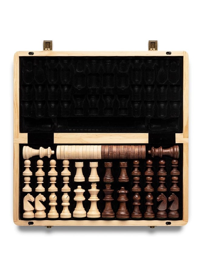 A&A 15 inch Wooden Folding Chess & Checkers Set w/ 3 inch King Height Staunton Chess Pieces / 2 Extra Queens / 2 in 1 Board Gameâ€¦