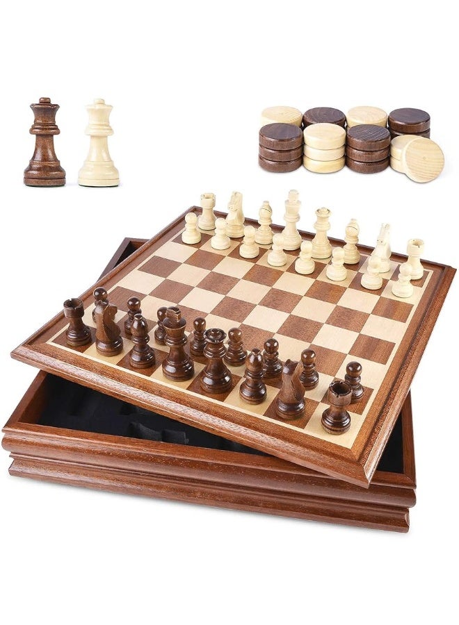 Chess and Checkers Board Game Sets for Adults Wooden Deluxe 15 inch Wood Board Box with Storage, Classic 2 in 1 Large Size with Chess Pieces - 3â€ King Height - 2 Extra Queens