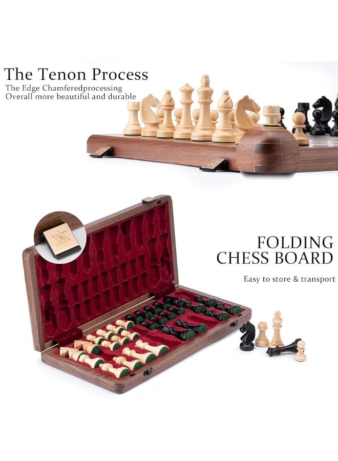 A&A 15 inch Wooden Folding Chess Set w/ 3 inch King Height Staunton Chess Pieces / 2 Extra Queens - Natural Walnut Wood w/Storage Bag