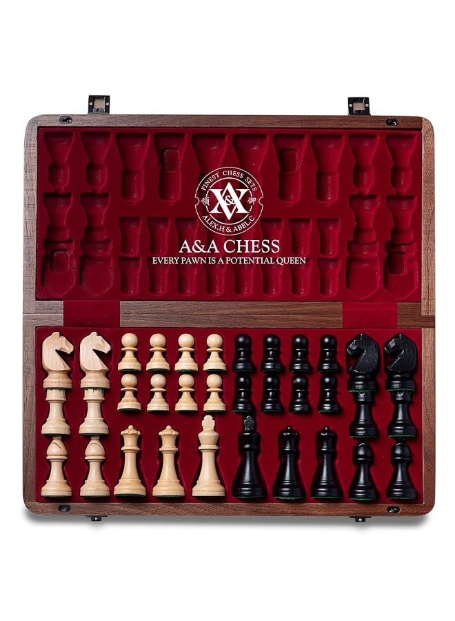 A&A 15 inch Wooden Folding Chess Set w/ 3 inch King Height Staunton Chess Pieces / 2 Extra Queens - Natural Walnut Wood w/Storage Bag