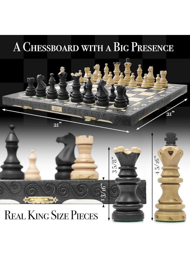 Wegiel Imperator 21-Inch Luxury Wooden Chess Set for Adults and Kids - Handcrafted from Premium Beech and Birch Wood - Unique Folding Design with Chess Piece Storage, Black