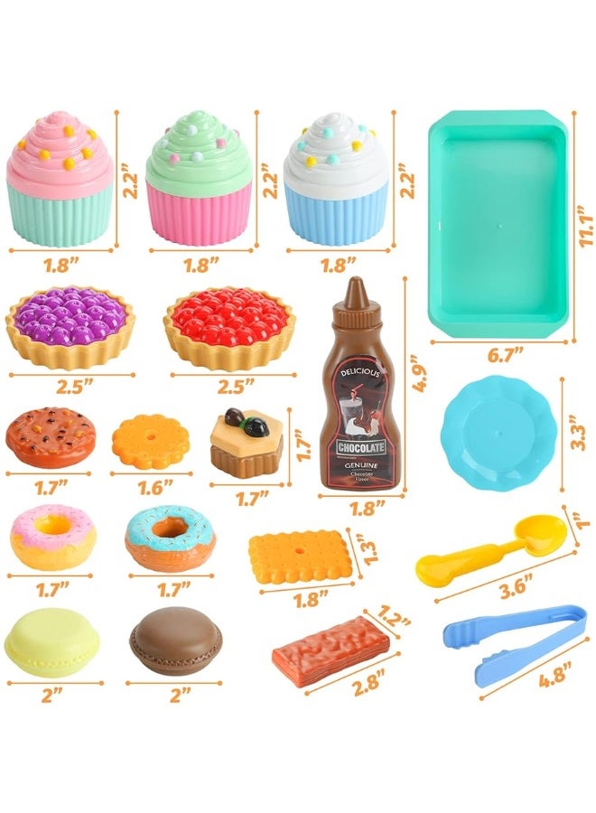 LOVESTOWN Pretend Play Desserts Toy, 29 PCS Kids Desserts Food Toy Set Pretend Tea Party Food Fake Food Toy for Kids Birthday Gift