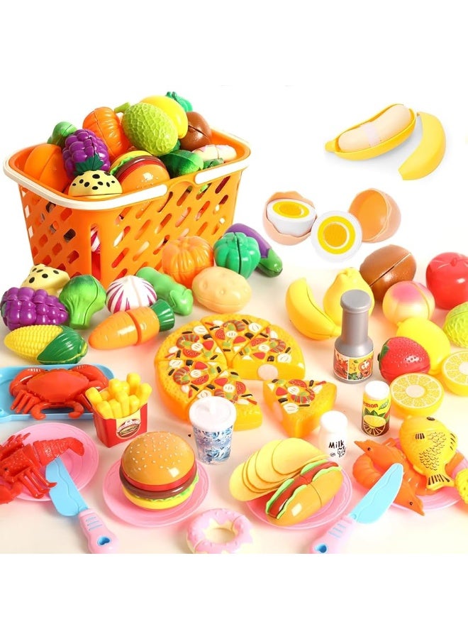 92PCS Cutting Play Food Toy for Kids Kitchen,Play Kitchen Food with Vegetables & Fruit Shopping Basket,Kids Kitchen Accessories set,Kitchen Toys,Food Toys Best Birthday Gift,Play Food for Toddlers 1-3