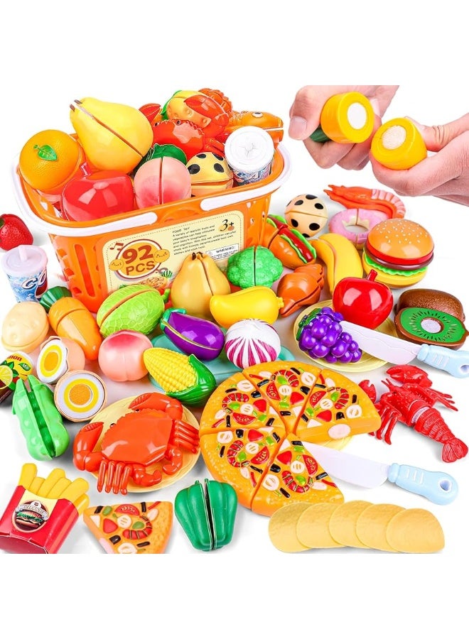 92PCS Cutting Play Food Toy for Kids Kitchen,Play Kitchen Food with Vegetables & Fruit Shopping Basket,Kids Kitchen Accessories set,Kitchen Toys,Food Toys Best Birthday Gift,Play Food for Toddlers 1-3