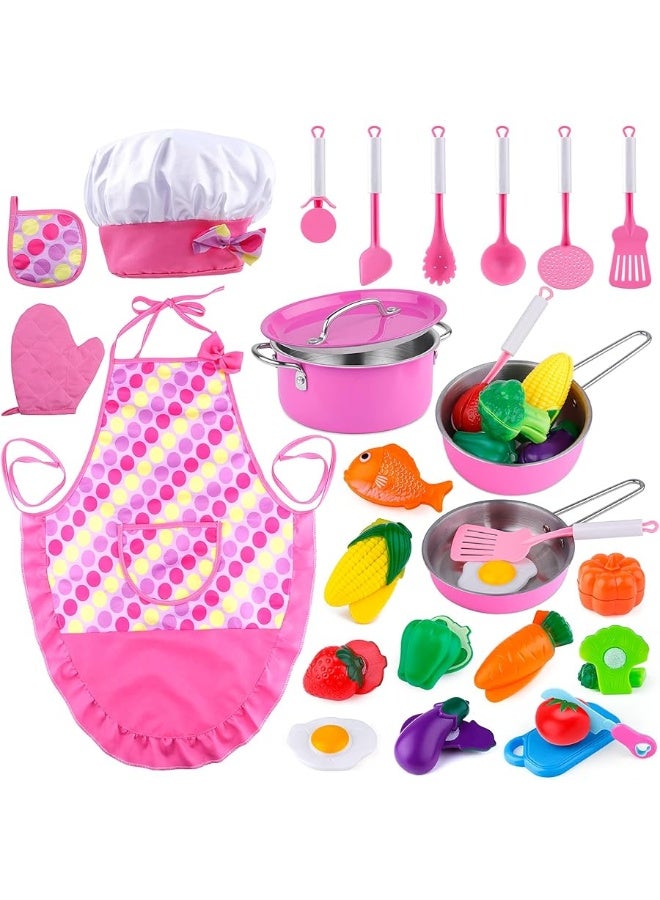 INNOCHEER Play Food for Kids Kitchen Cooking Playing Set, 26 PCS Kids Kitchen playset Accessories with Chef Hat Apron Dress Up, Toddler Cooking Chef Costume Set for 3 4 5 6 Year Old Girls Boys