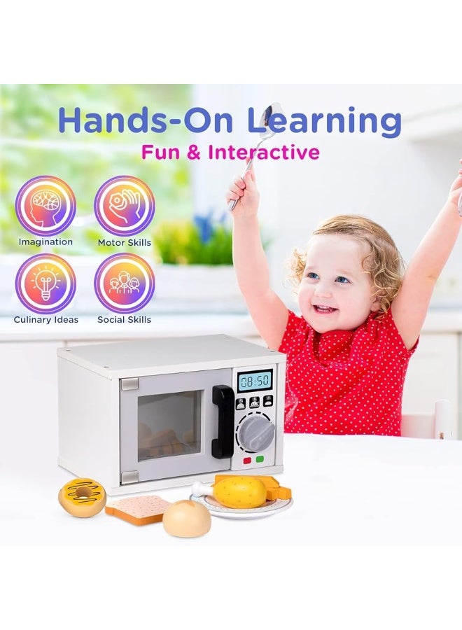 Play Brainy Pretend Toy Microwave for Kids with Rotating Turnable, 11 Pc. Set, Fun and Interactive Wooden Early Learning Kitchen Accessories Playset for Girls and Boys 3+