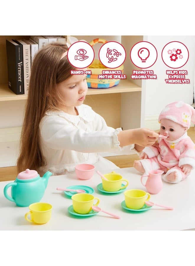 JOYIN 18PCS Pretend Play Tea Party Set Play Food Accessories BPA Free, Phthalates Free, Plastic Tea Set, Mini Kitchen for Kids, Gifts for Toddler Boys Girls Ages 1,2,3,4,5,6 Years Old