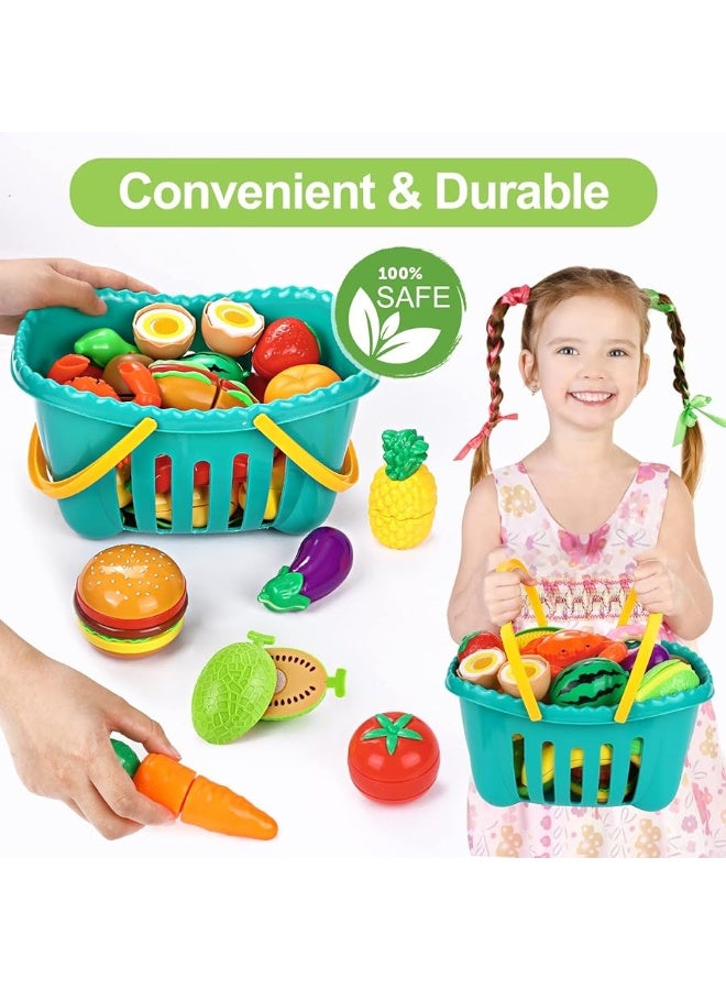 70PCS Cutting Play Food Sets for Kids Kitchen Toy Food Cutting Toys Fruits and Vegetables with Storage Basket Fake Food Pretend Play Kitchen Accessories Toys for Toddlers Boys Girls Xmas Gifts