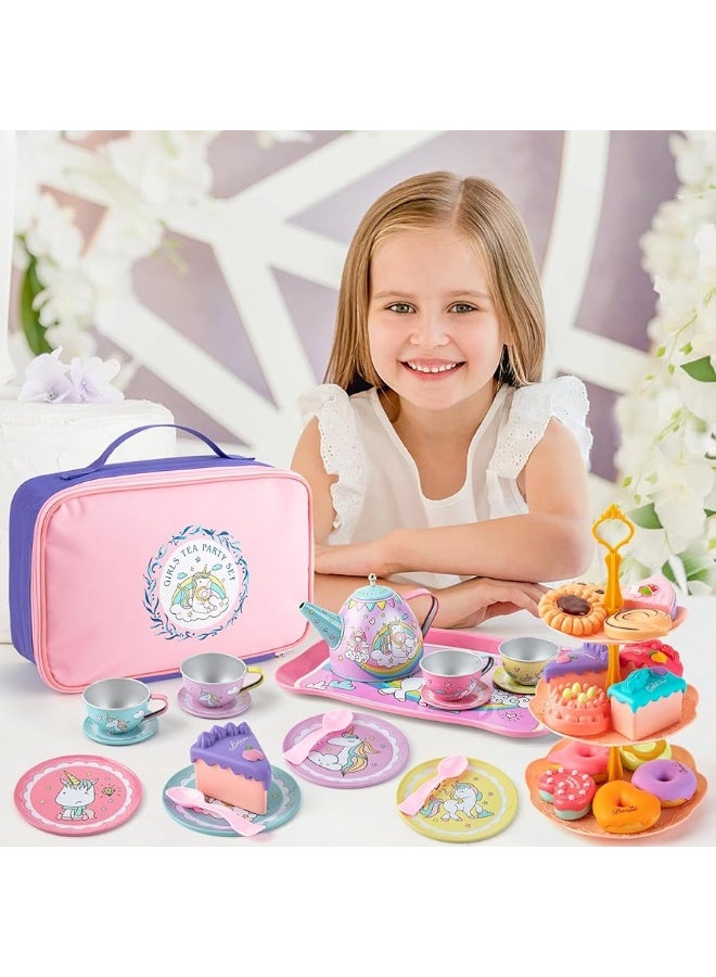 Juboury Tea Party Set for Little Girls, Pretend Tin Teapot Set with Dessert, Doughnut, Cake Stand, Tablecloth & Carrying Case, Princess Tea Time Kitchen Pretend Play Toy for Girls Age 3 4 5 6