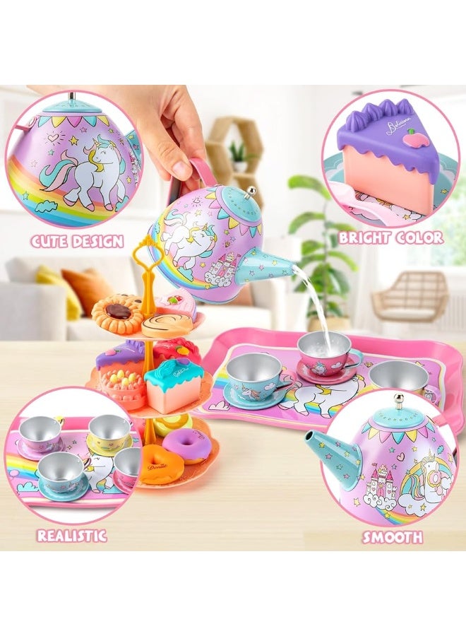 Juboury Tea Party Set for Little Girls, Pretend Tin Teapot Set with Dessert, Doughnut, Cake Stand, Tablecloth & Carrying Case, Princess Tea Time Kitchen Pretend Play Toy for Girls Age 3 4 5 6