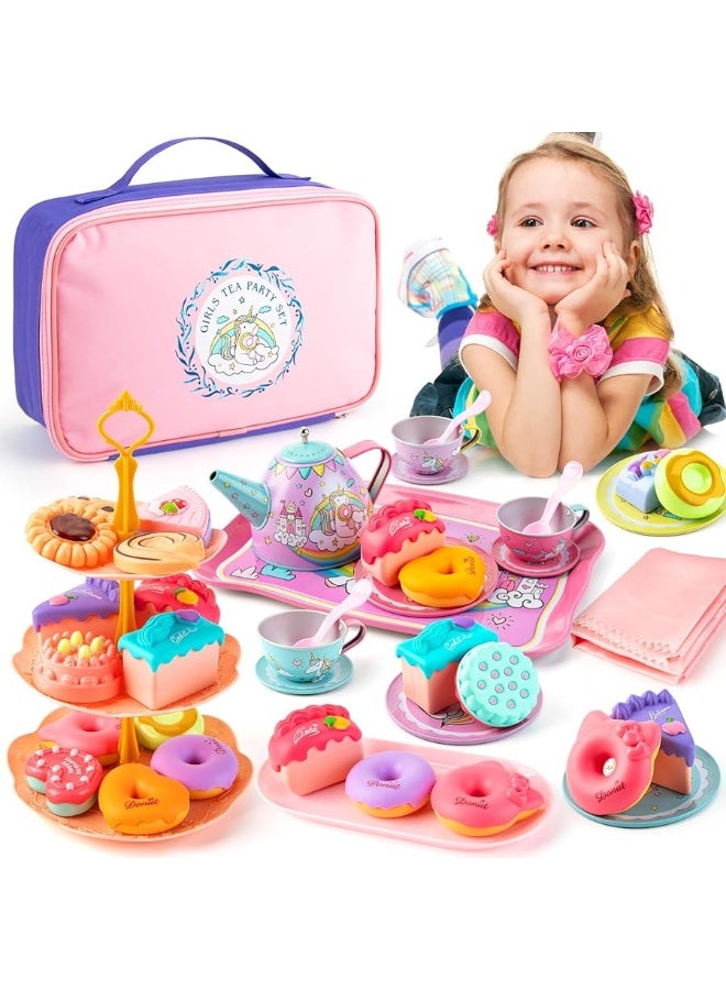 Juboury Tea Party Set for Little Girls, Pretend Tin Teapot Set with Dessert, Doughnut, Cake Stand, Tablecloth & Carrying Case, Princess Tea Time Kitchen Pretend Play Toy for Girls Age 3 4 5 6